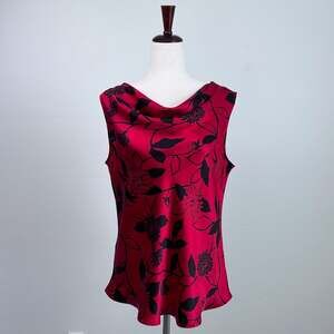 Bob Mackie Vintage 100% Silk Red Black Floral Draped Sleeveless Blouse SIZE 12